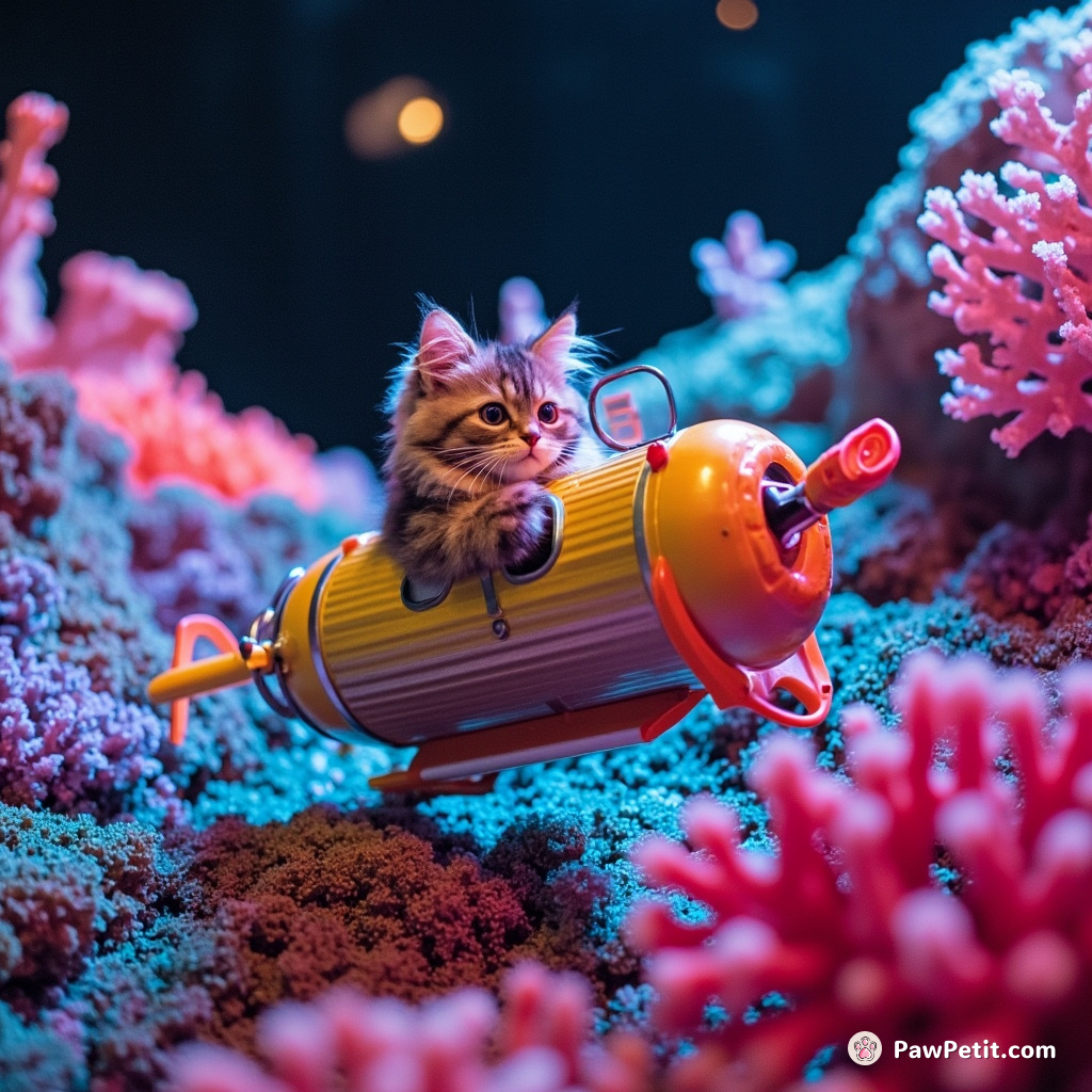 A Persian cat piloting a sardine-can submarine through an otherworldly neon-hued coral reef.
