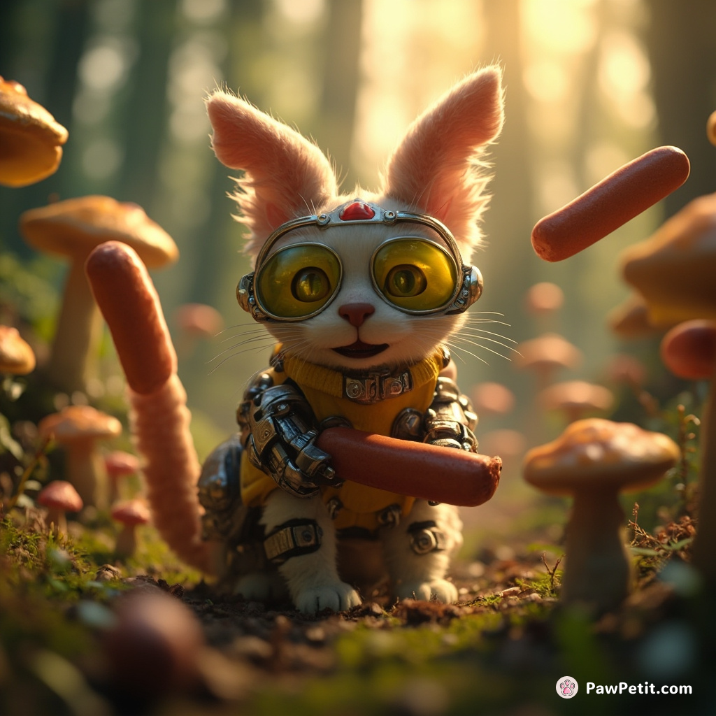 Cyborg cat launching hotdogs from its tail in a mushroom forest.
