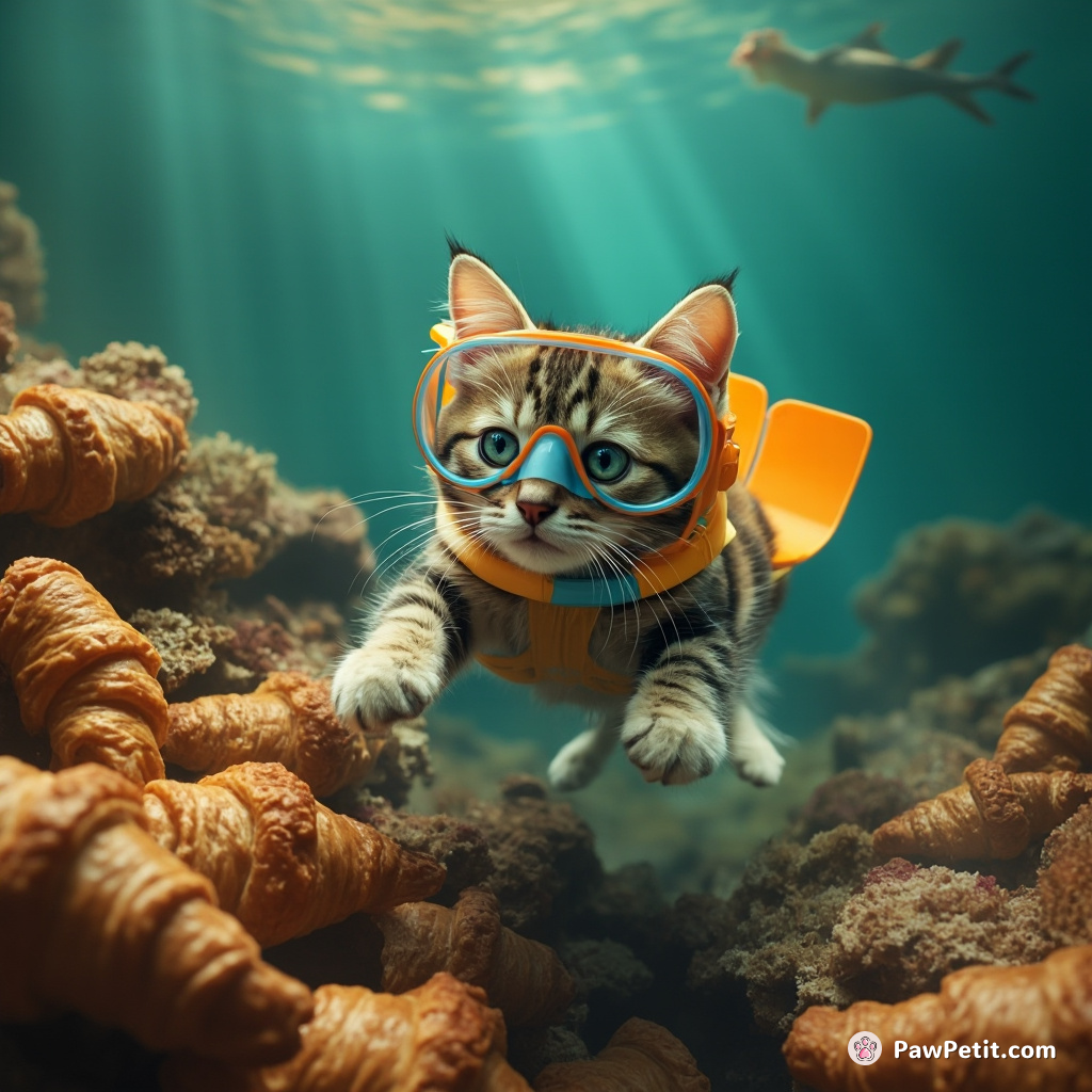 A cat wearing flippers and a snorkel, serenely floating over a coral reef made entirely of croissants.