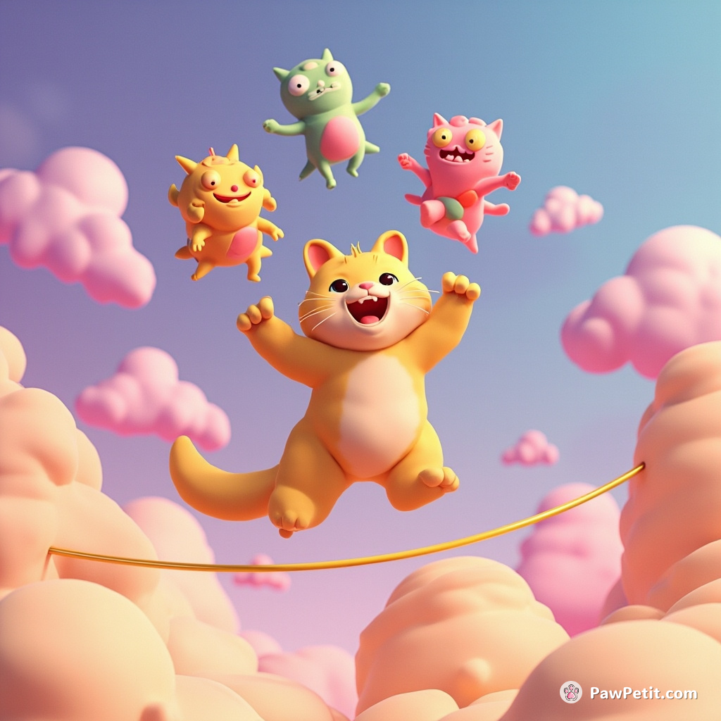 A cat juggling neon-colored, cheese-shaped aliens on a tightroap over an ocean of cream.