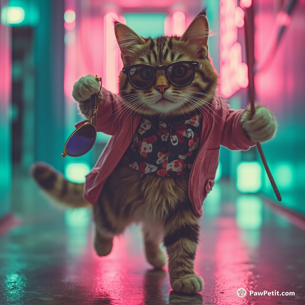 In a daring heist, the cat swipes sunglasses, then struts away with a triumphant flick of its tail.