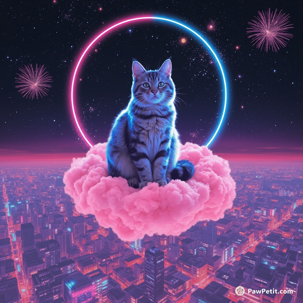 Abyssinian cat half-translucent, meditating on a neon cloud high above a kaleidoscopic cityscape as stars circle around it like fireworks.