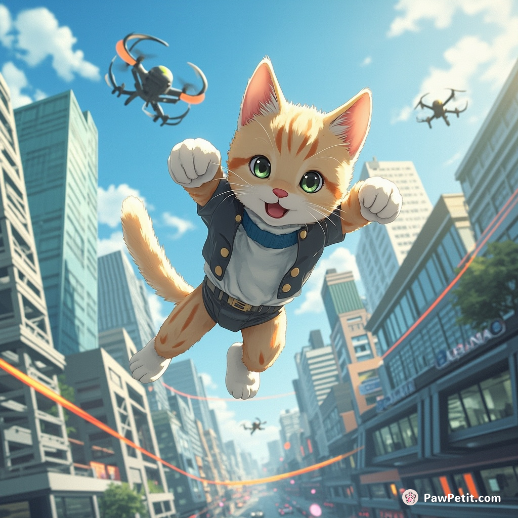 A nimble feline leaps between skyscrapers, executing a perfect triple somersault, dodging drones and traffic in the bustling air lanes.