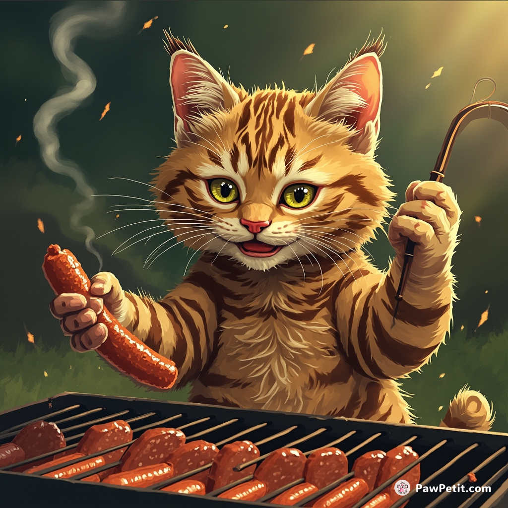 As neighbors laughed, Mr. Whiskers comically fumbled with the BBQ grill, juicy sausage gently clasped in true cat-burglar style.
