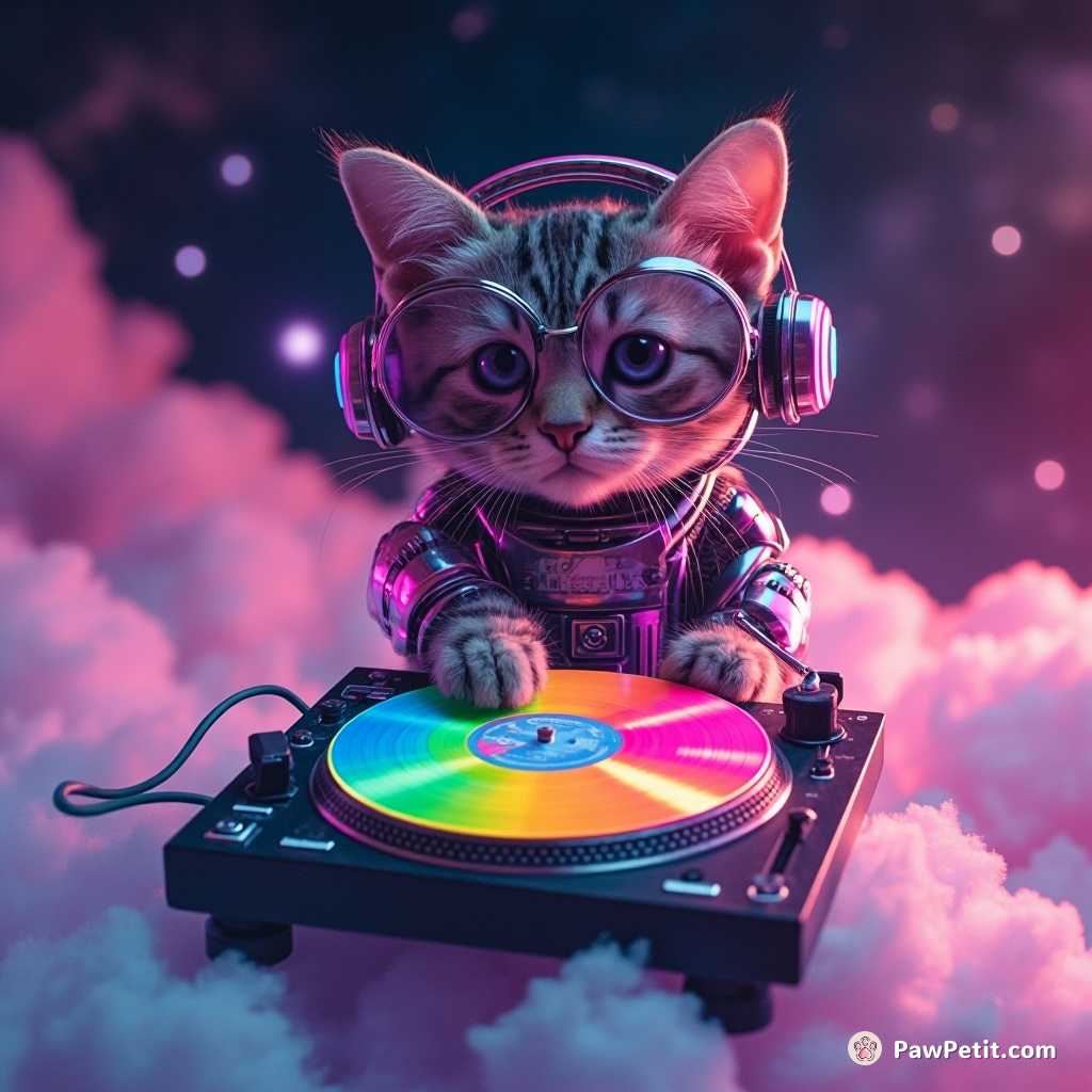 A cybernetic cat DJ spinning rainbow-colored vinyls on a cloud in the psychedelic cosmos.