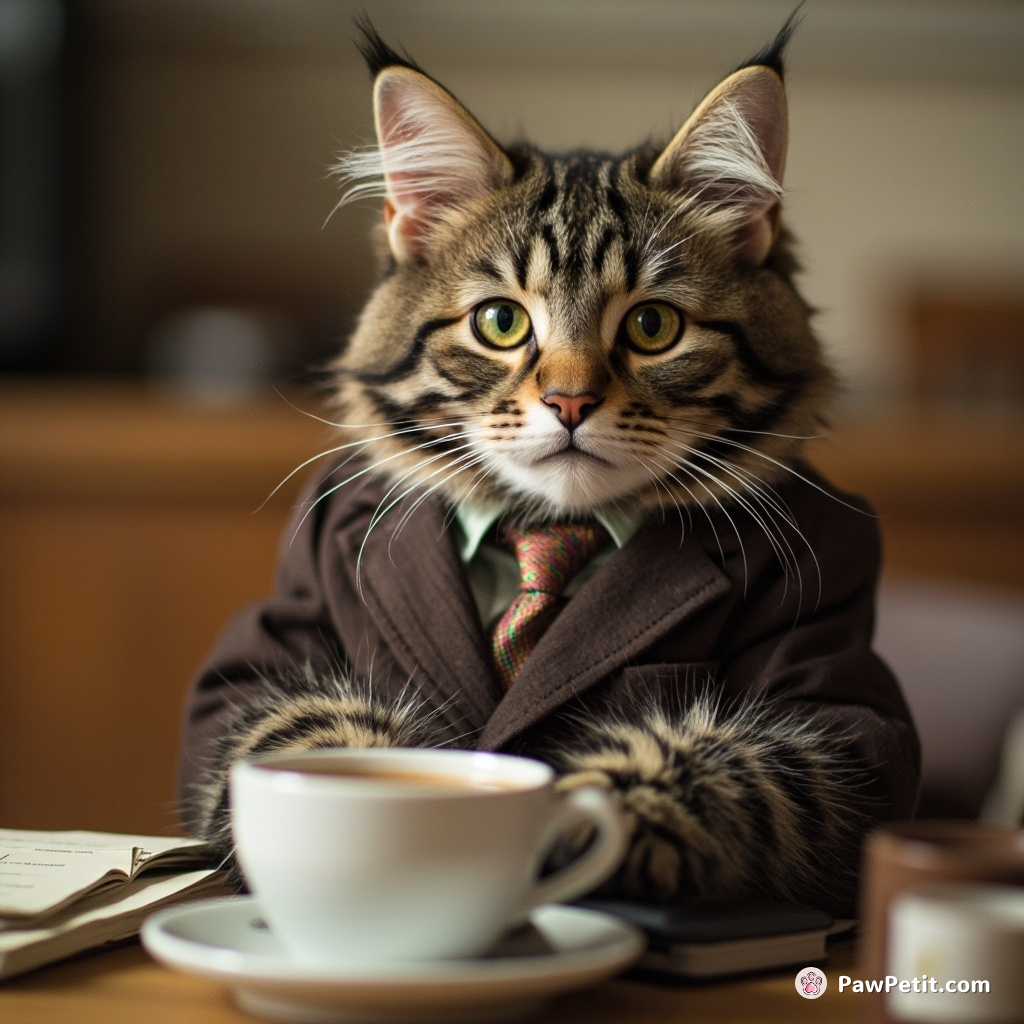 A cat dons a tiny suit, practices typing with paws, and meows at a coffee cup like it's a morning meeting.