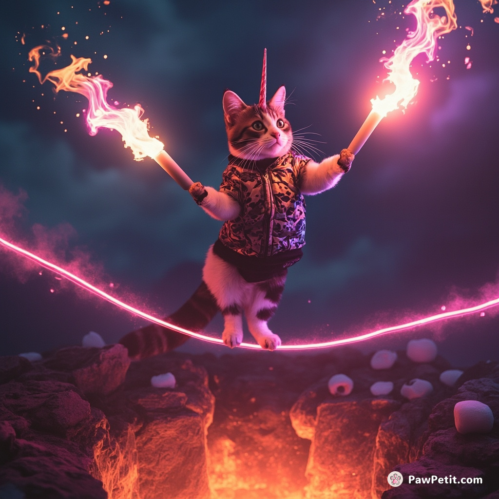 A calico cat juggling flaming unicorn horns on a tightrope strung over a marshmallow lava pit.