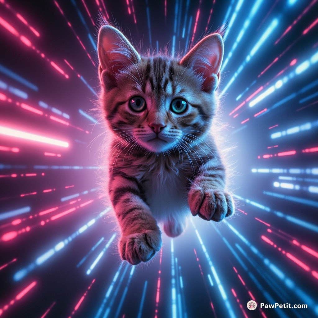 In a digital realm, the feline leaps through glowing data streams, its fur shimmering with electric sparks.