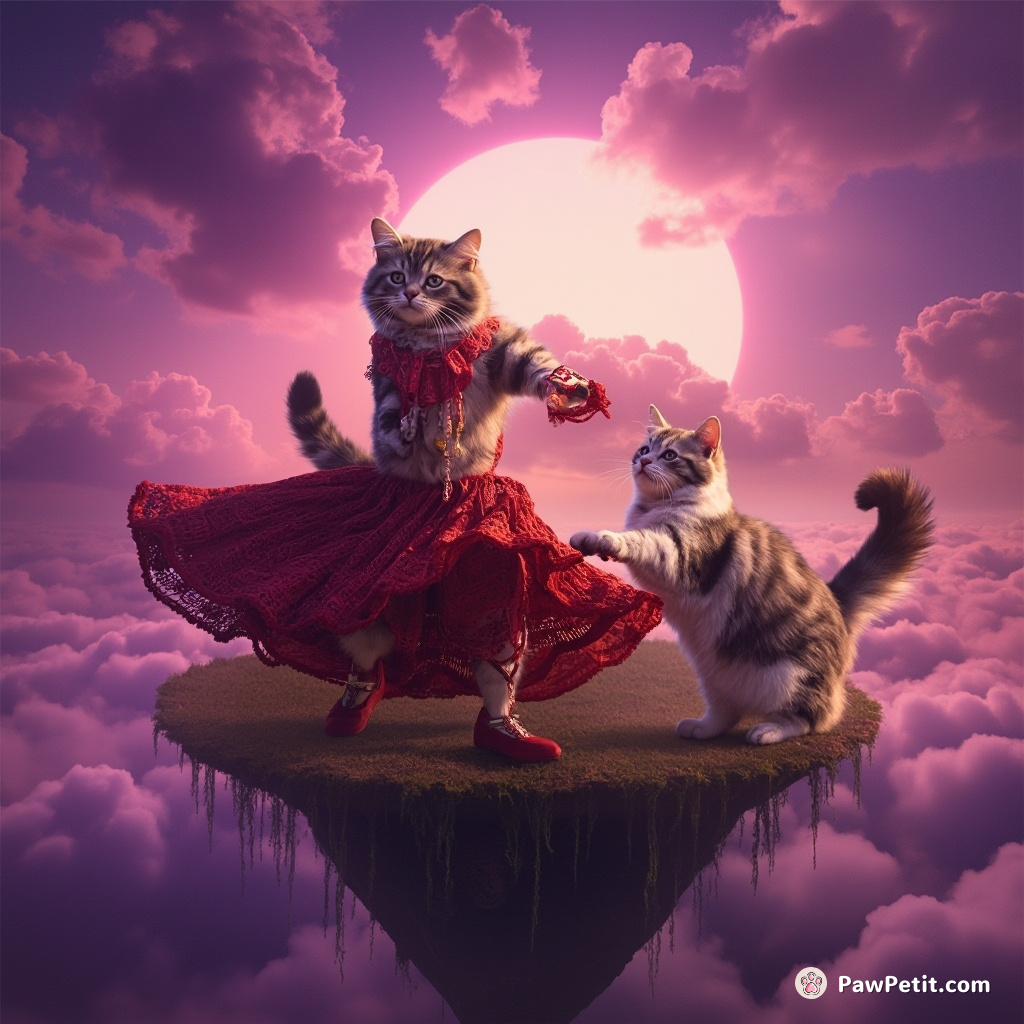 Flamenco dancing cats with ruby slippers performing on a mystical floating island under a purple sunset sky.