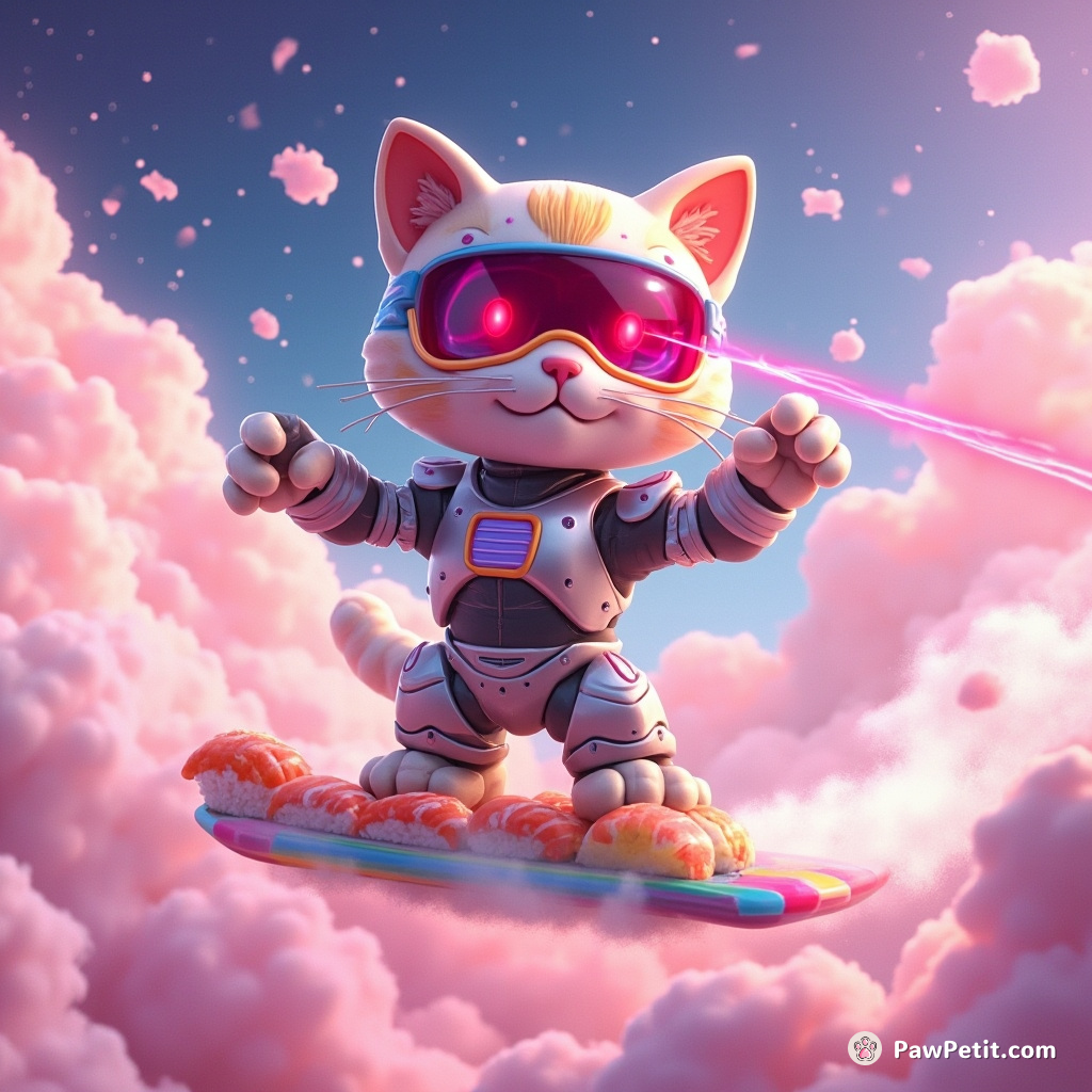 Cyborg cat with laser eyes, surfing over rainbow sushi in a galaxy of cotton candy clouds.