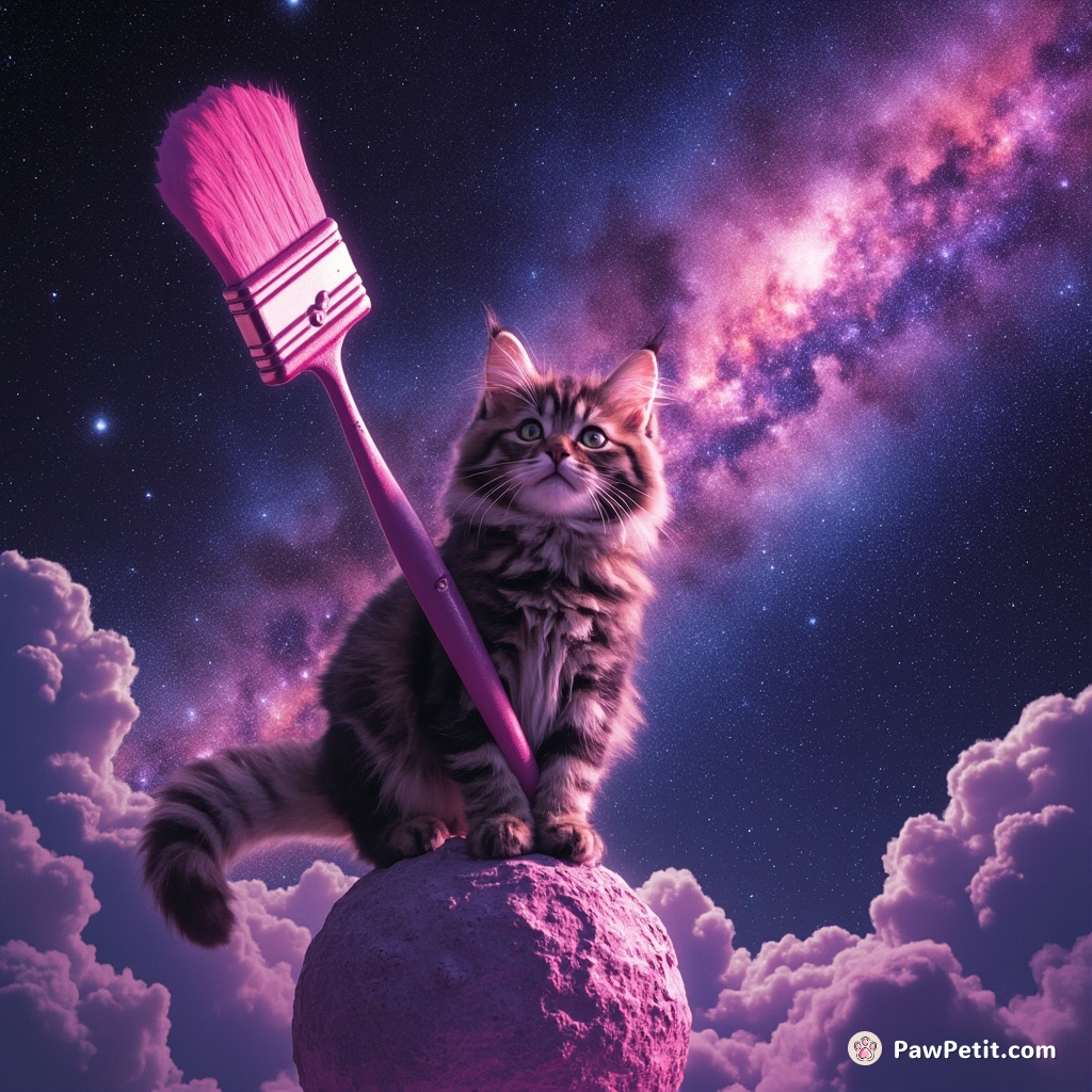 Fluffy tabby cat repainting the Milky Way with a giant magenta paintbrush, hovering on a glistening meteor.