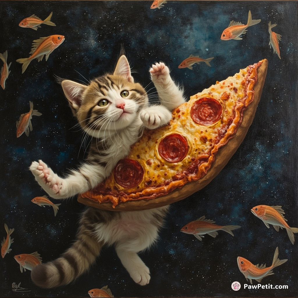 Cat soaring through the cosmos on a slice of pepperoni pizza, surrounded by flying fish.