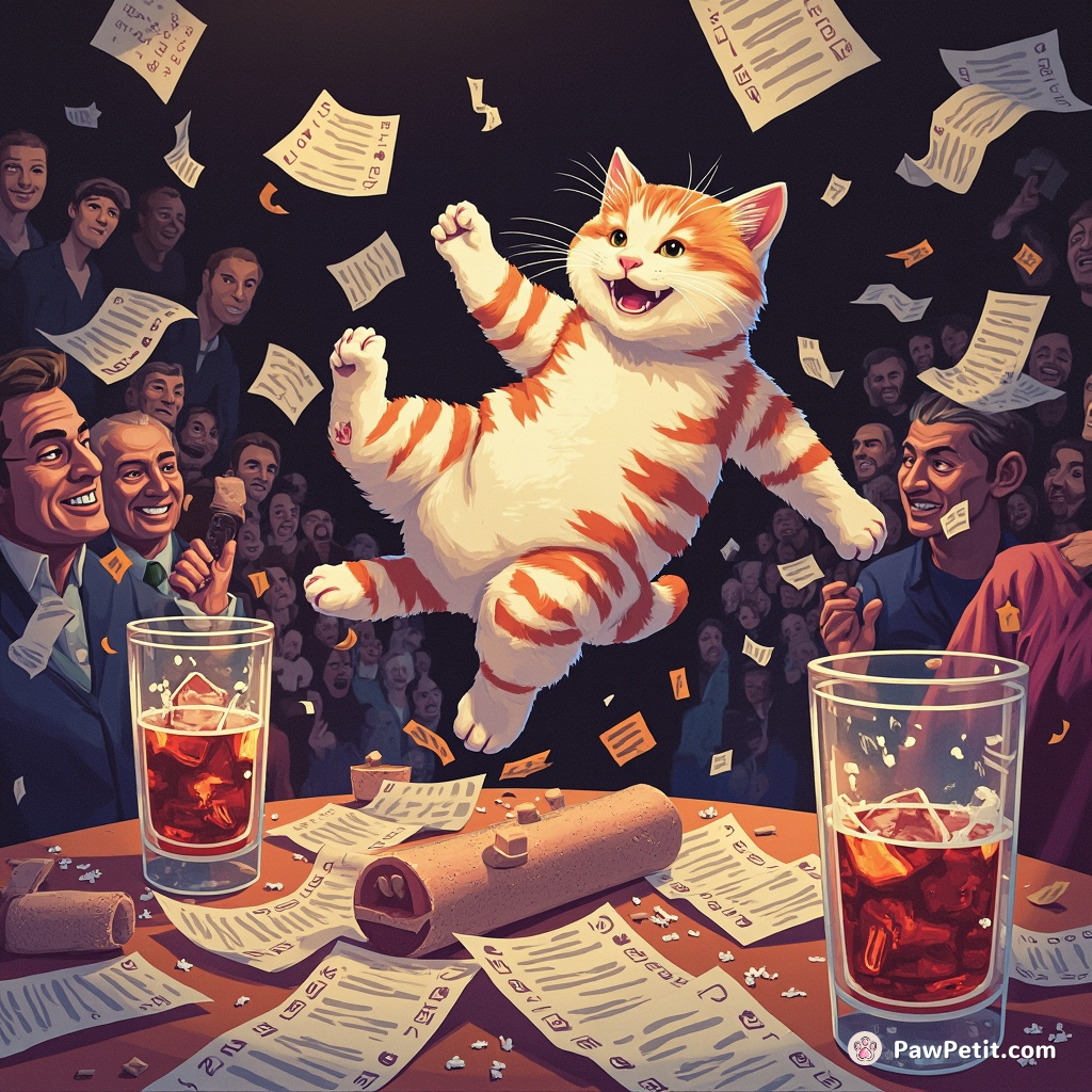 Cat leaps onto a table, knocking over drinks, and scatters papers as it darts through the crowd.