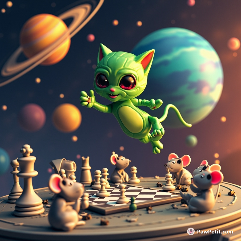 Alien cat defying gravity, playing chess with Martian mice on a spaceship orbiting Saturn.