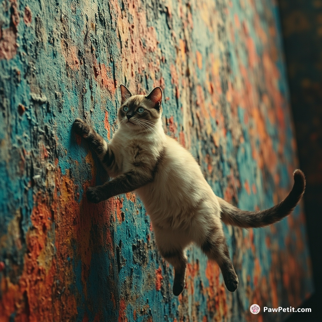 A Siamese cat painting abstract art with its tail on a huge canvas in zero gravity.