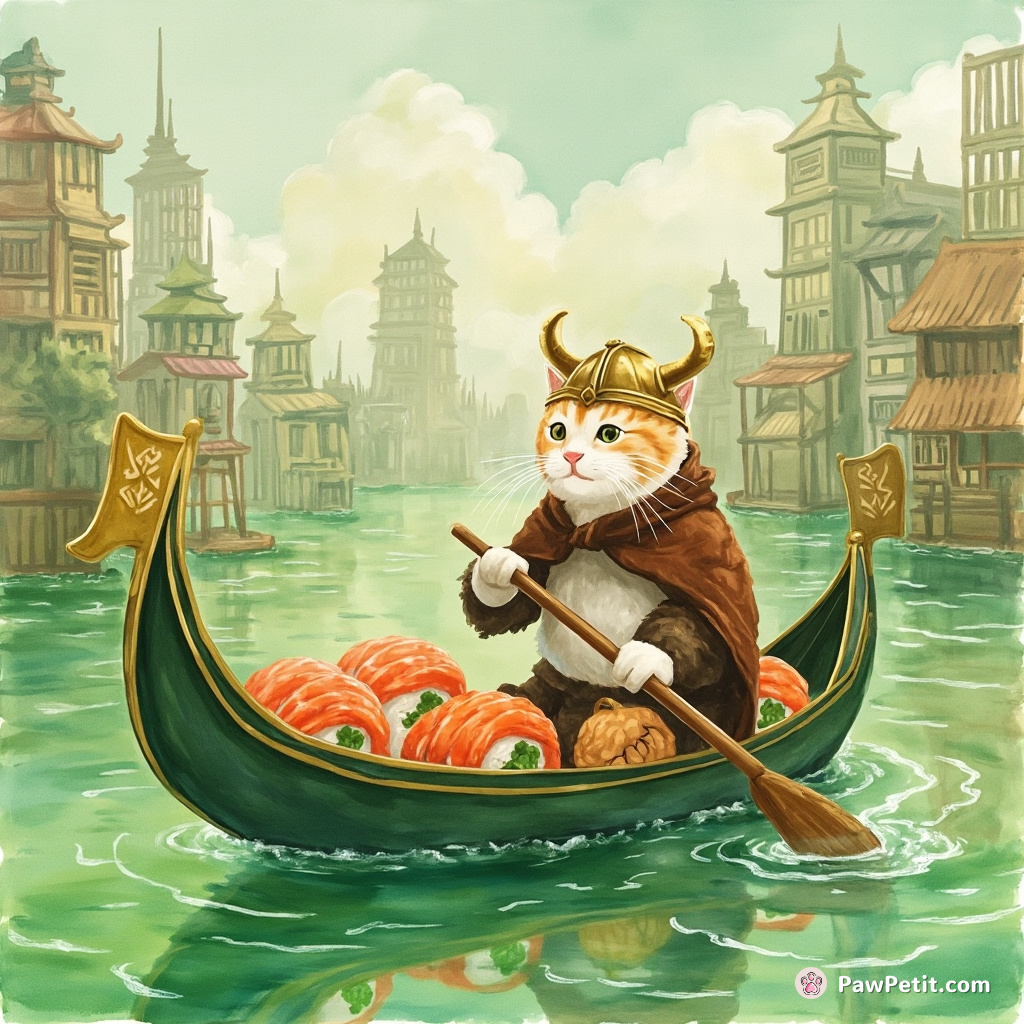 A Viking cat rowing a gondola made of sushi through a metropolis submerged in green tea.