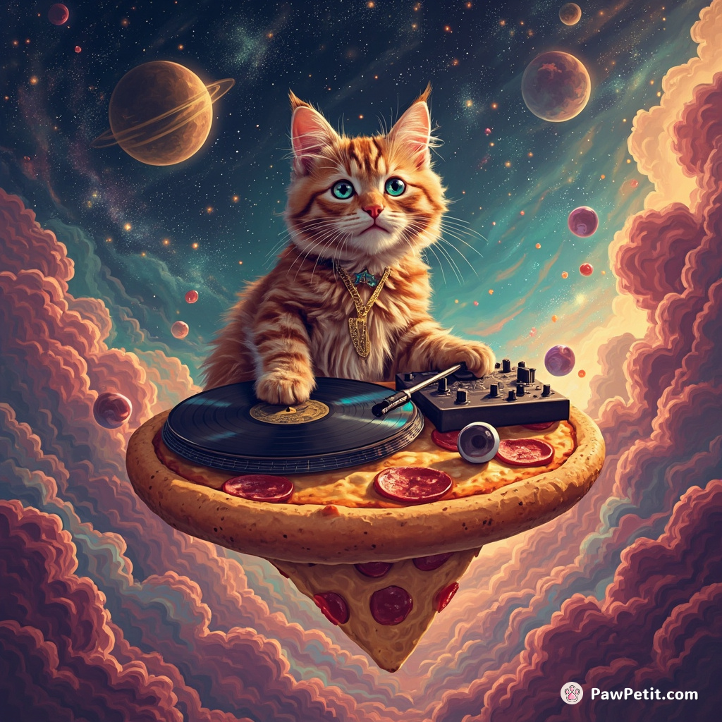 A feline DJ spinning vinyl records atop a floating pizza slice in the cosmic disco realm.