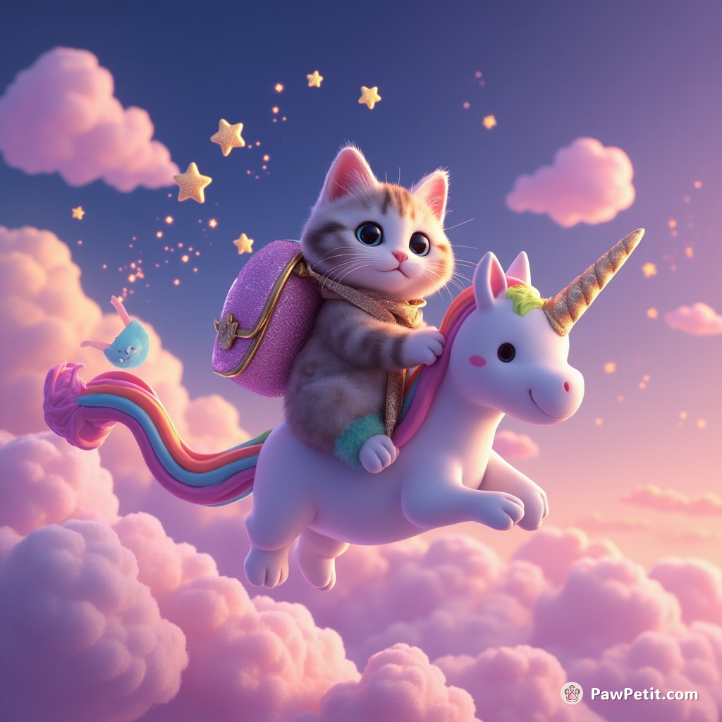 A cat riding a narwhal through candy-colored clouds, plucking stars from the twilight to fill its glittering rainbow satchel.