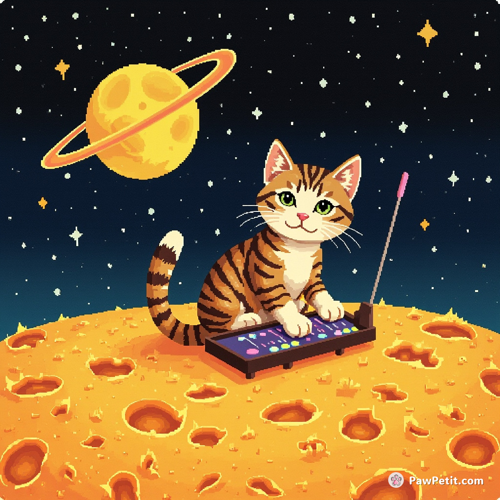 A cat playing a theremin on a melting cheese moon, using its tail as an antenna.