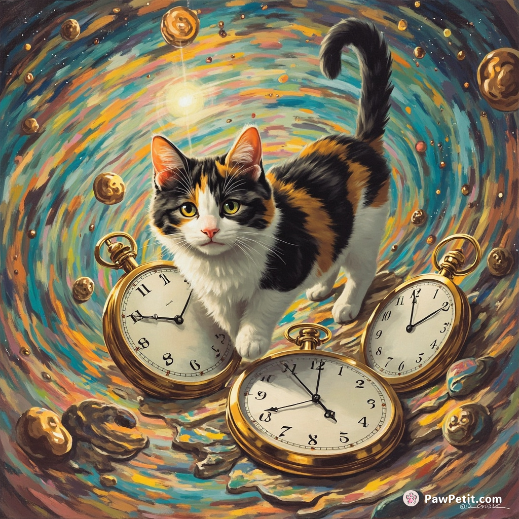 Inspired by Salvador Dali, a calico cat hopping on melting timepieces in a prismatic vortex.