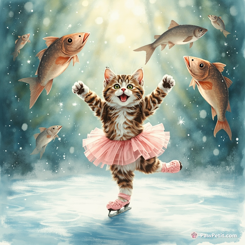 A jubilant tabby cat performing an exquisite ballet on a tiny, crystal-clear ice rink while gargantuan fish cheer from the surrounding forest.