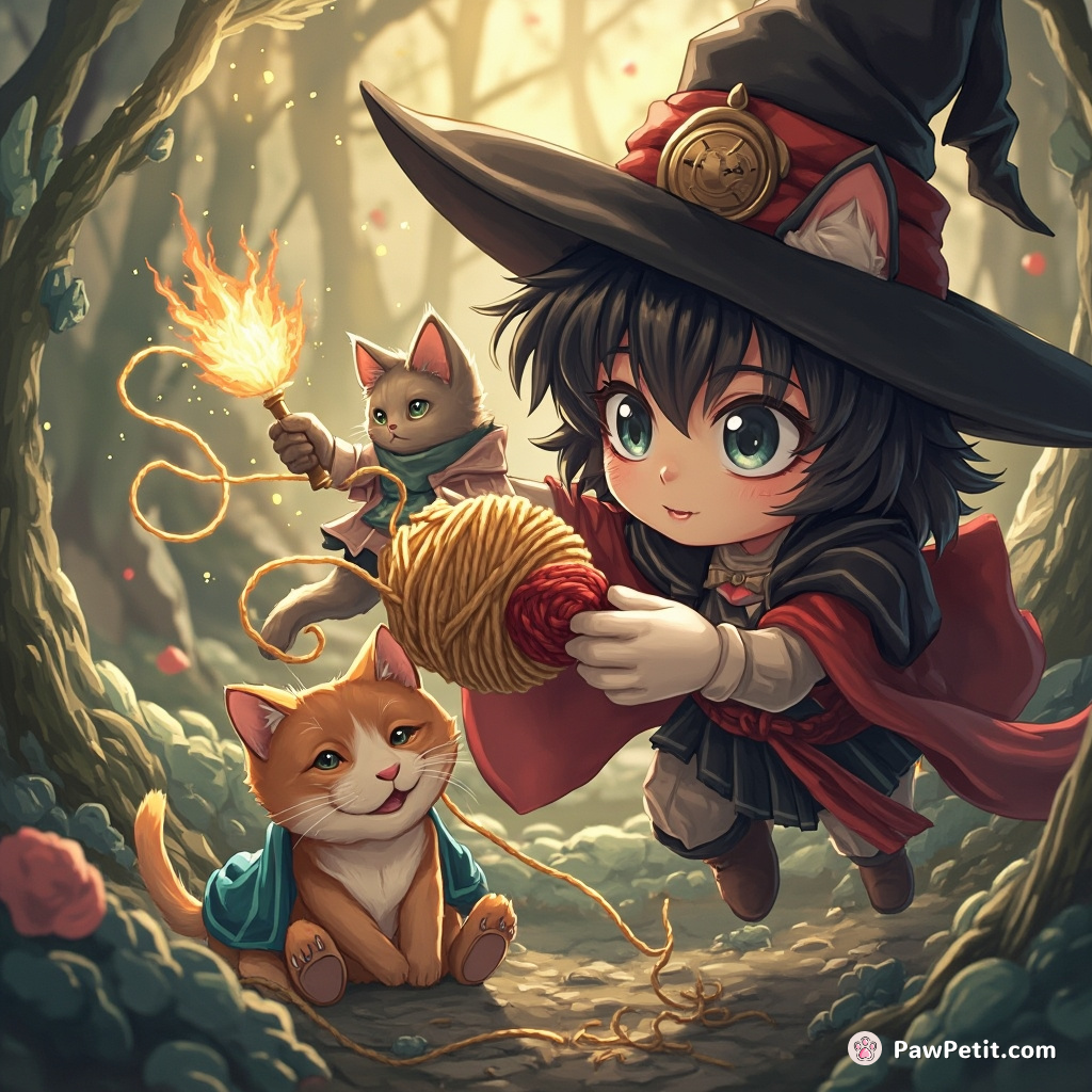 The heroic cat valiantly outwitted the sorceress, stealing back the magical yarn that manipulated time.