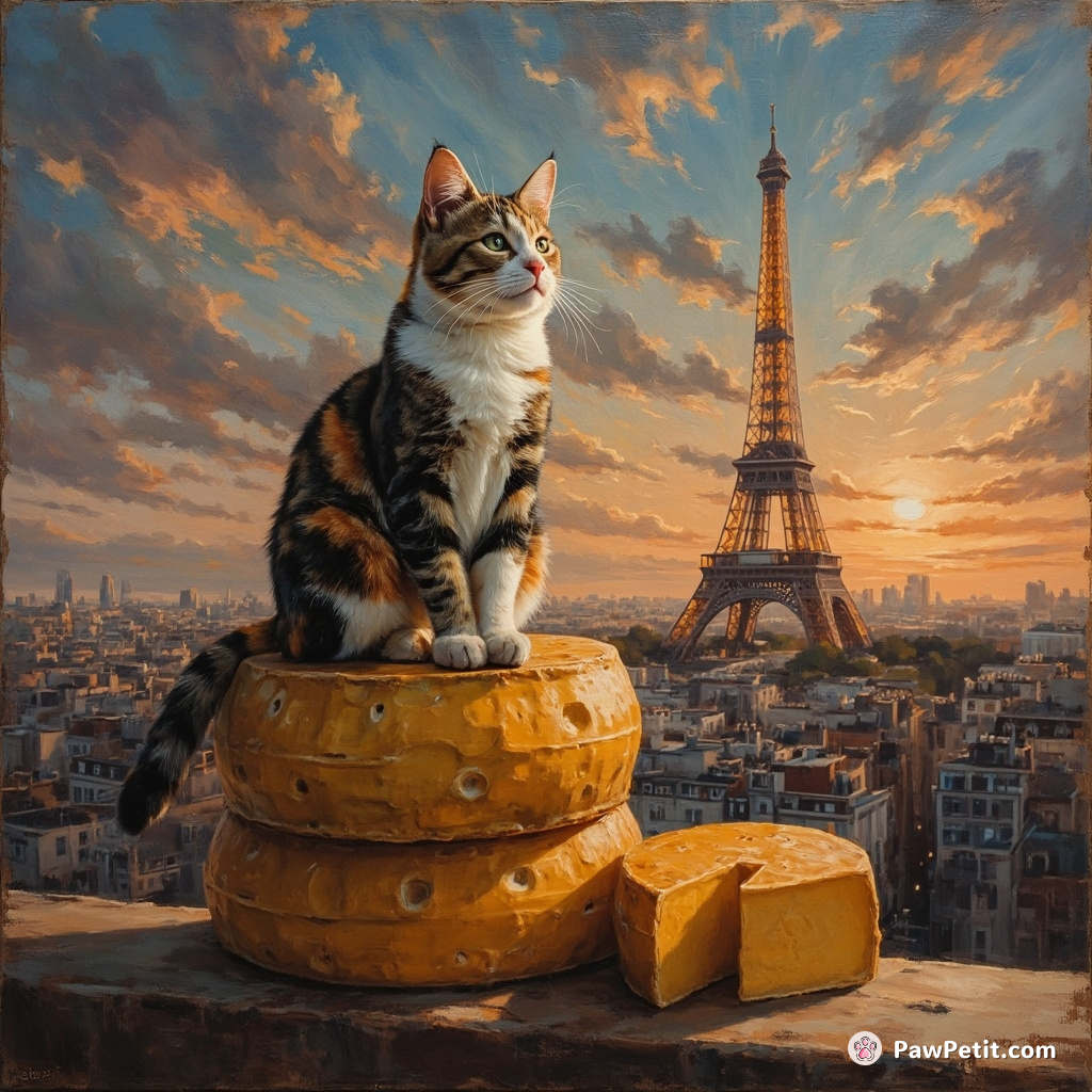 A calico cat meditating on a stack of vintage cheese wheels atop the Eiffel Tower during twilight.