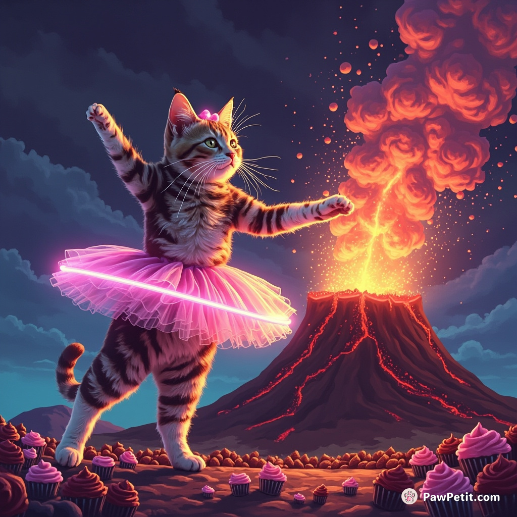 Cat performing an elegant ballet, wearing neon tutu, near a volcano erupting tiny cupcakes.