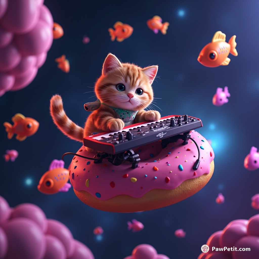 Cat playing an electric keyboard on a floating donut in outer space, surrounded by leaping neon fish.