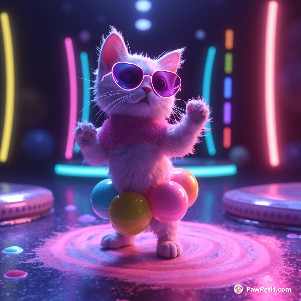A psychedelic neon cat doing a floss dance on an elliptical galaxy disco floor, wearing futuristic holographic sunglasses and balloons around the waist.