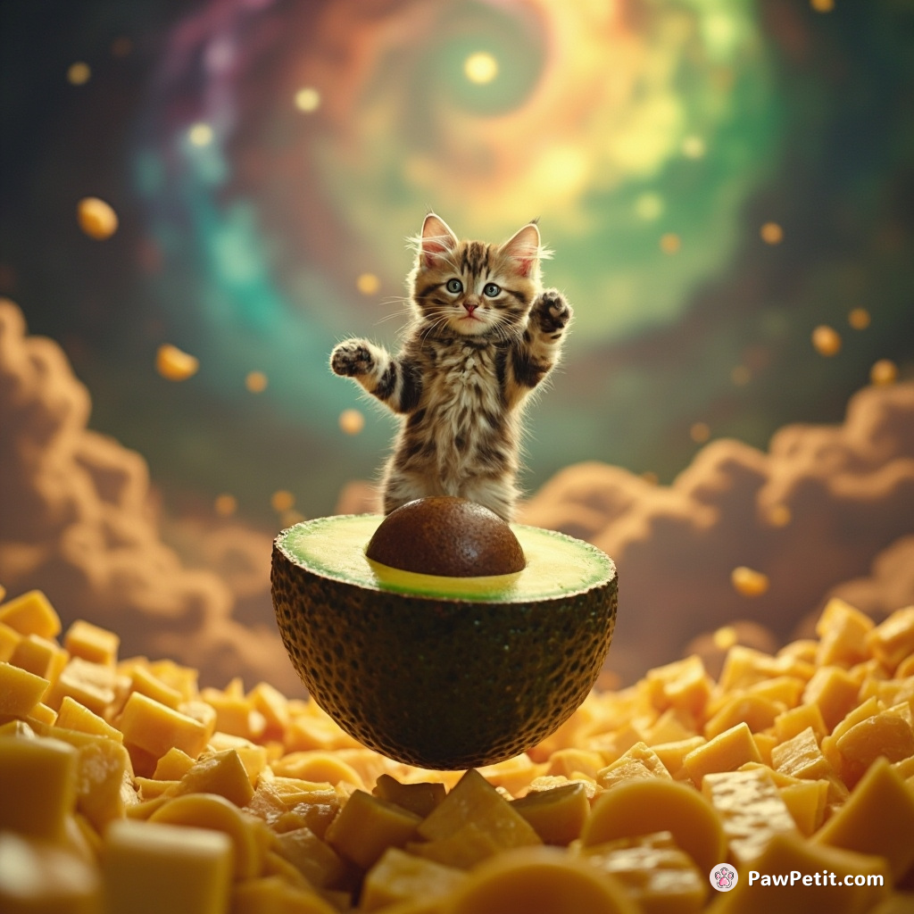 A kitten tap-dancing on a floating giant avocado in an alien cheese garden under a swirling rainbow galaxy.