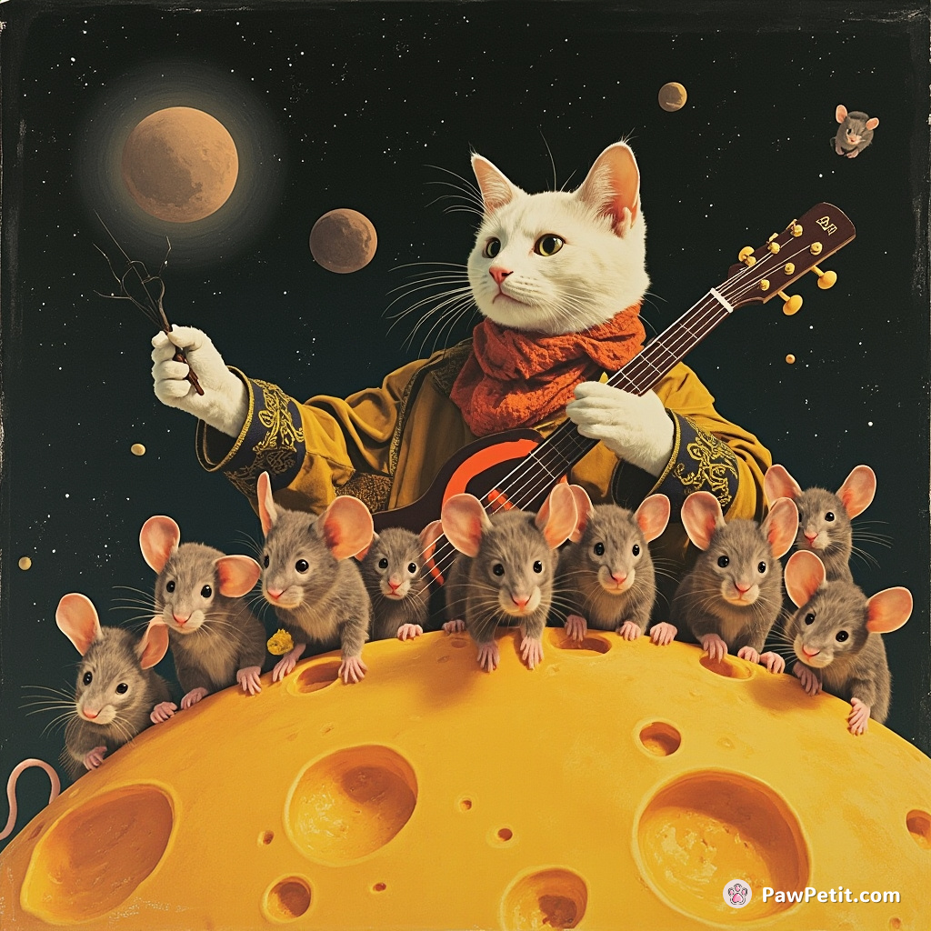 Cat commanding an orchestra of mice on a cheese moon.