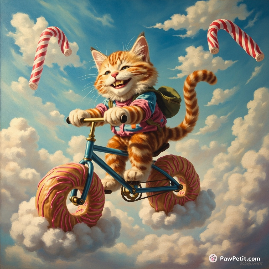 A grinning Cheshire cat riding a cloud bicycle across a Candyland sky with donuts for wheels.