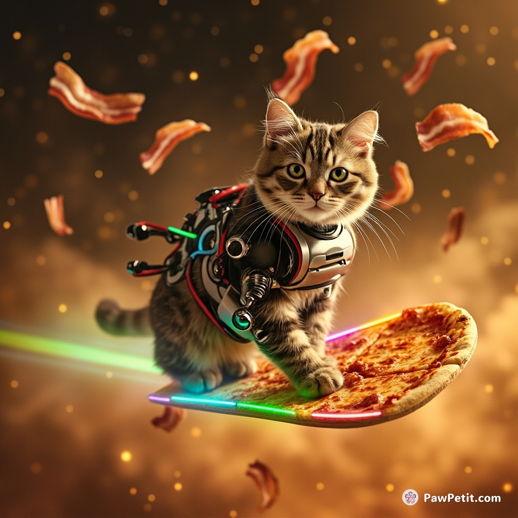 Cyborg cat surfing on rainbow sliced pizza through a golden galaxy of floating bacon strips.