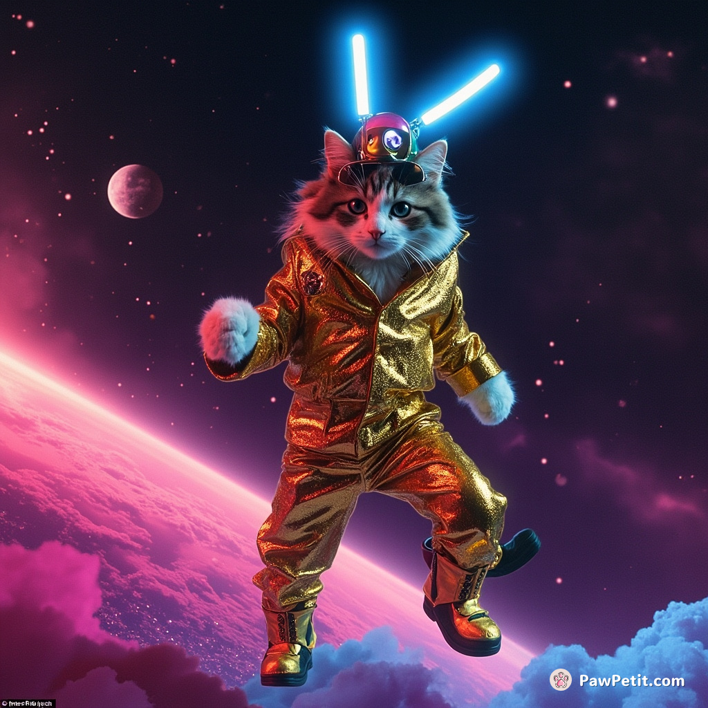 A cat dynamically moonwalking across colorful galaxies, wearing Elvis Presley's iconic gold lamé suit and neon-blue Martian antennas.
