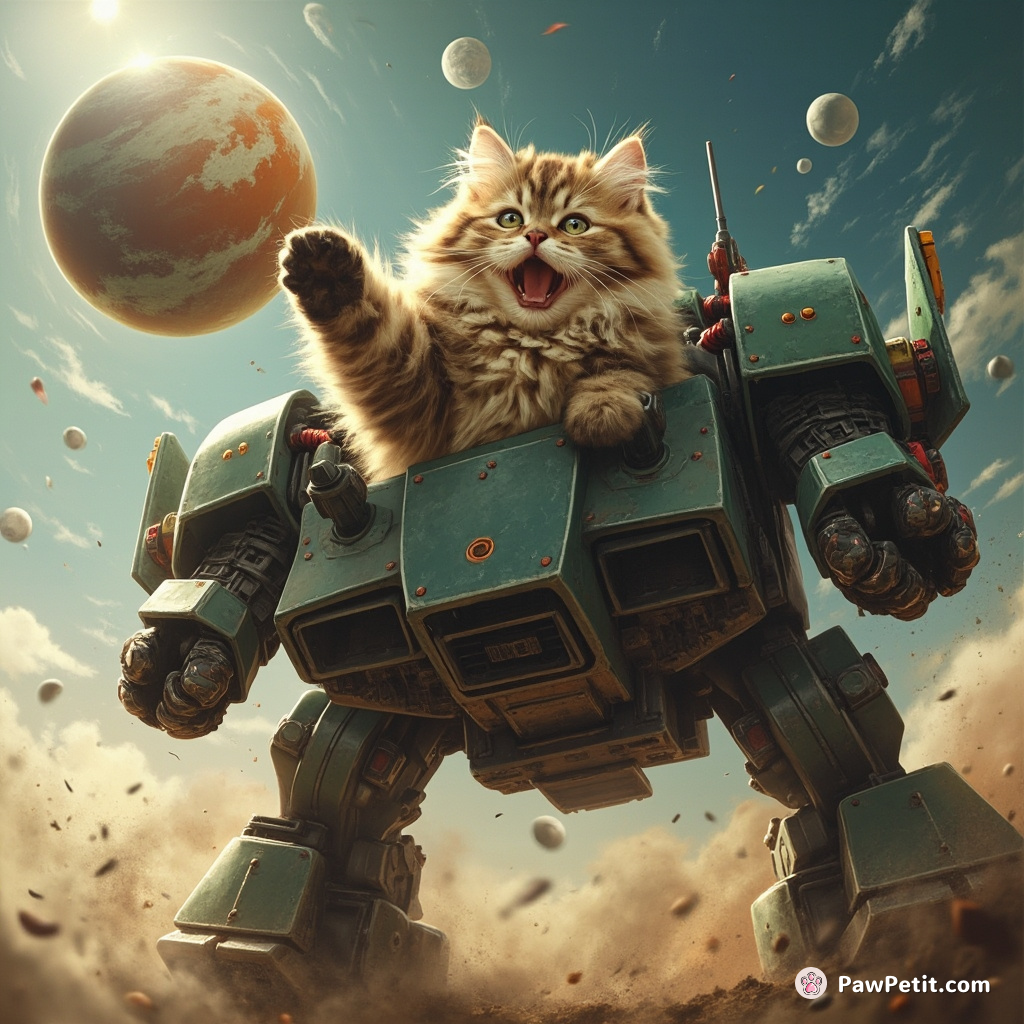 A cat piloting a colossal mecha, purring victoriously as it flips a planet with a single paw swipe.