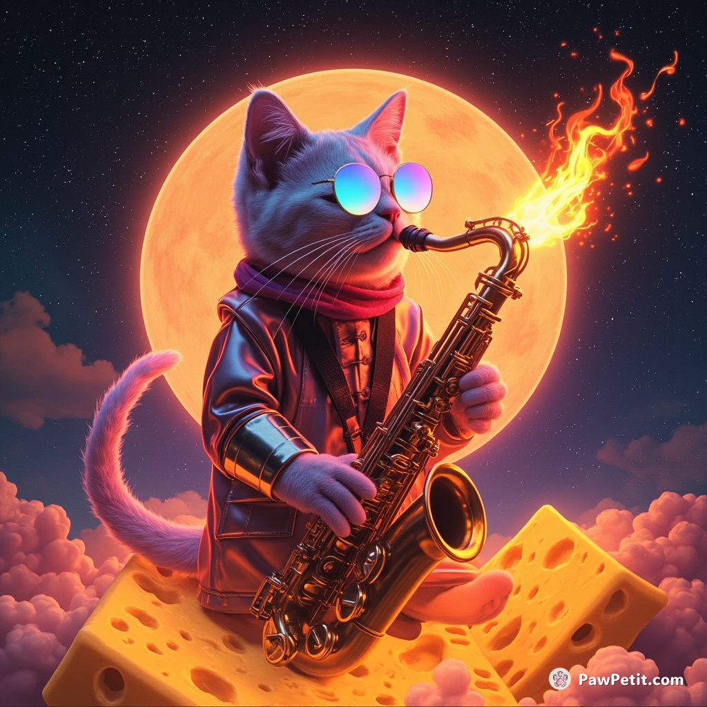 A futuristic cybernetic cat playing a flaming saxophone on top of a luminous cheese moon.