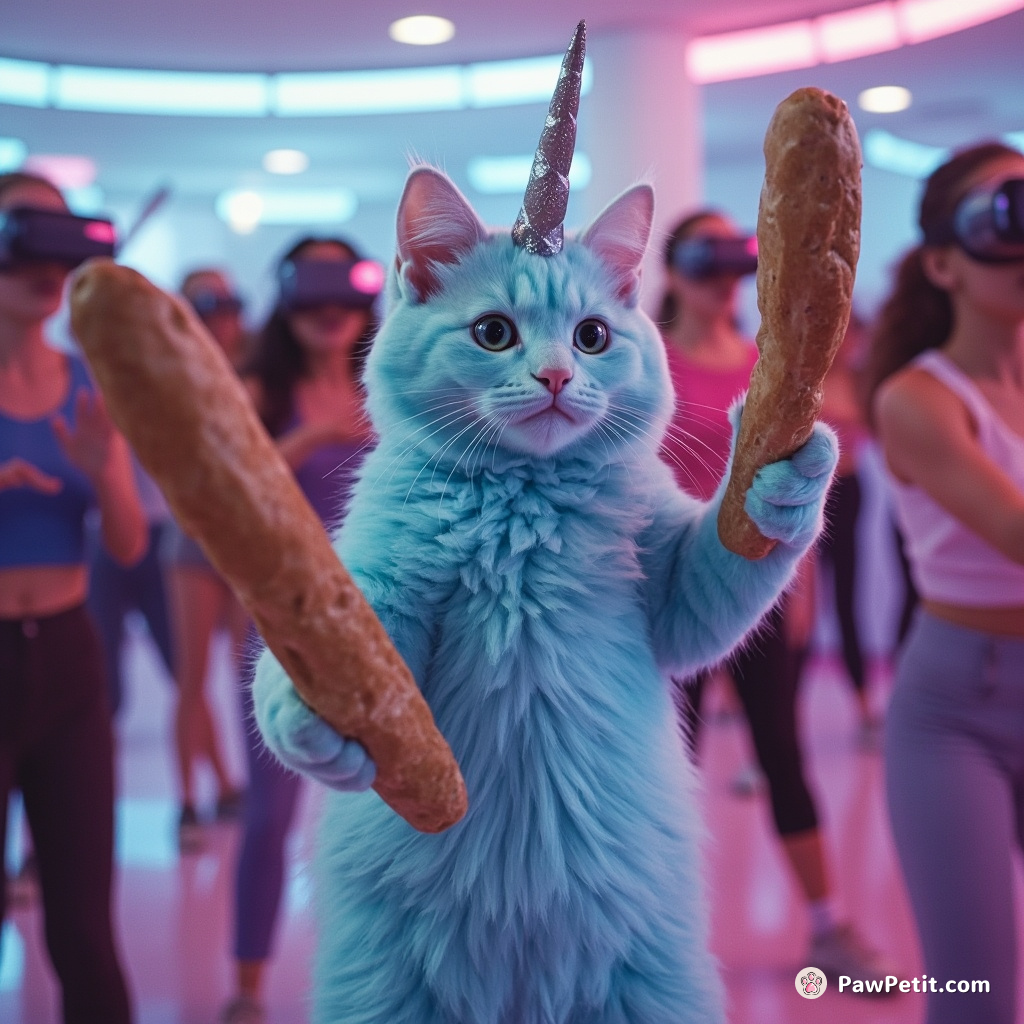 A sea-blue unicorn cat dual wielding baguettes in a neon-lit 80's virtual reality entire aerobics class.