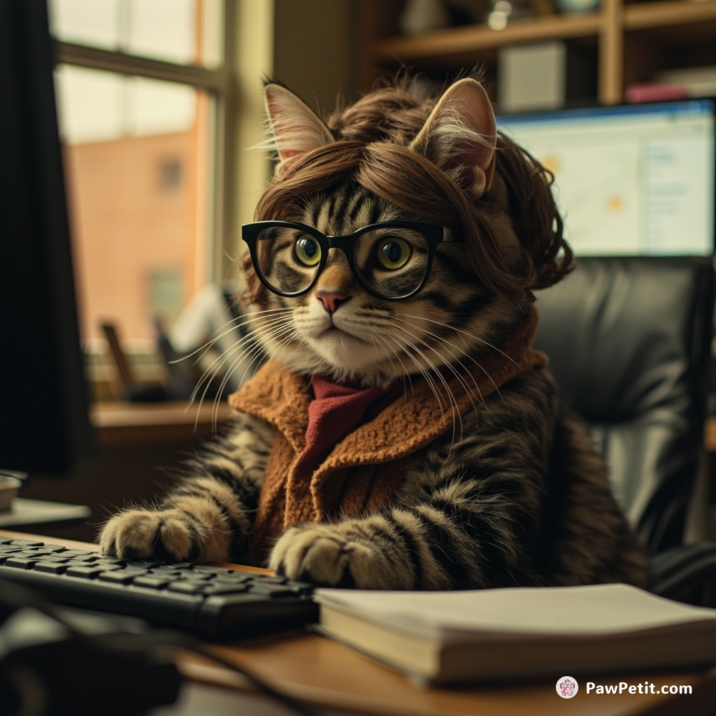 Cat dons wig, spectacle; crashes computers typing. Office panics – "Who's the new hire?" Its tail knocks over coffee hourly.