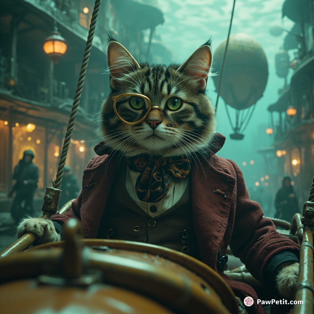A cat wearing a monocle and Victorian clothing while riding a dirigible in an underwater city.