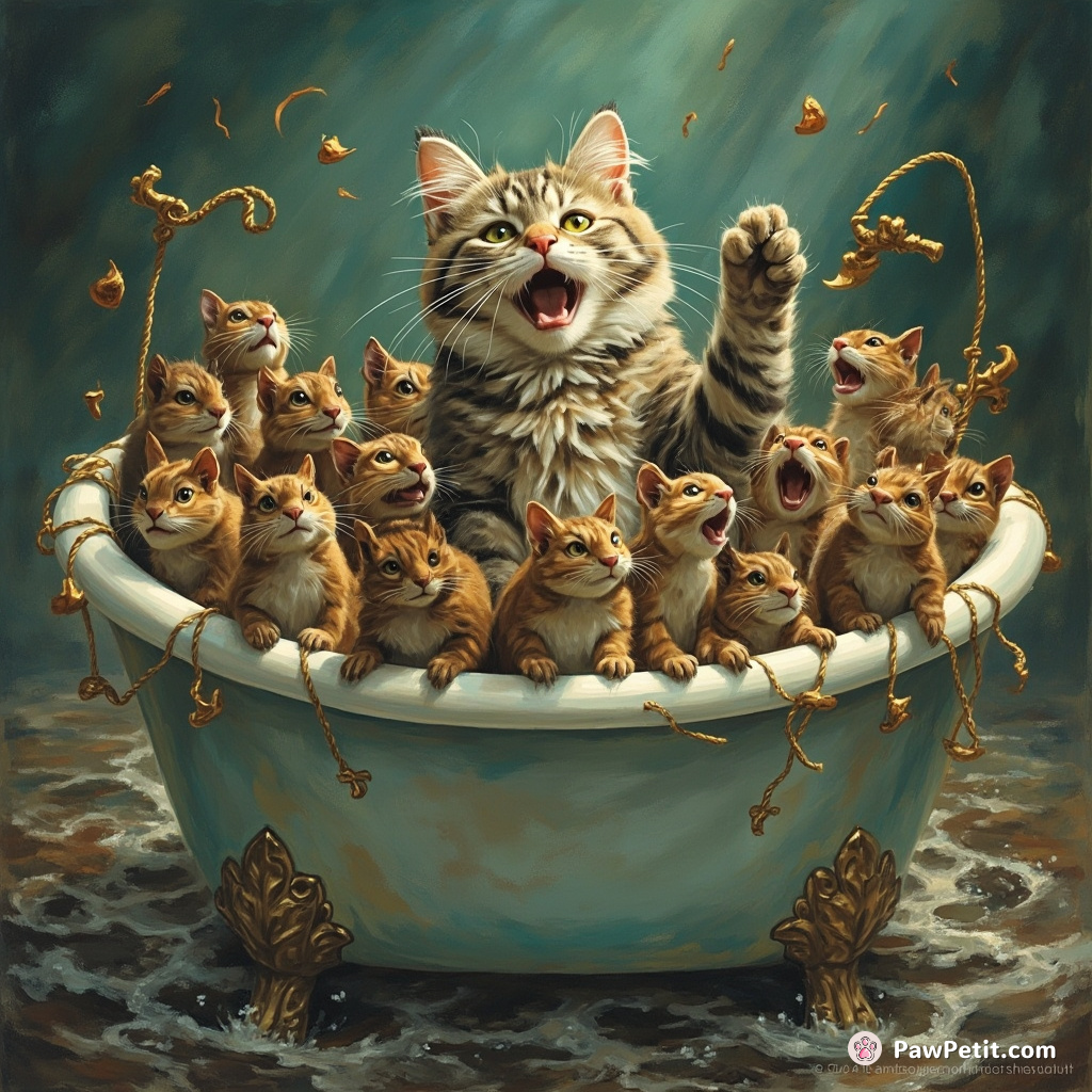 A cat conducting a choir of squirrels in an overflowing bathtub, harmoniously belting out operatic sea-shanties.