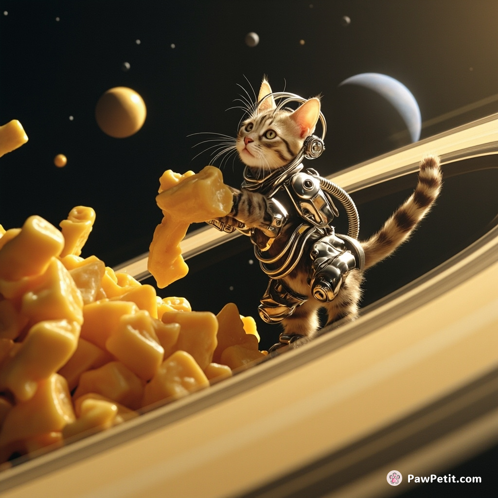 Cyborg cat whisking up intergalactic cheddar cheese on the rings of Saturn.