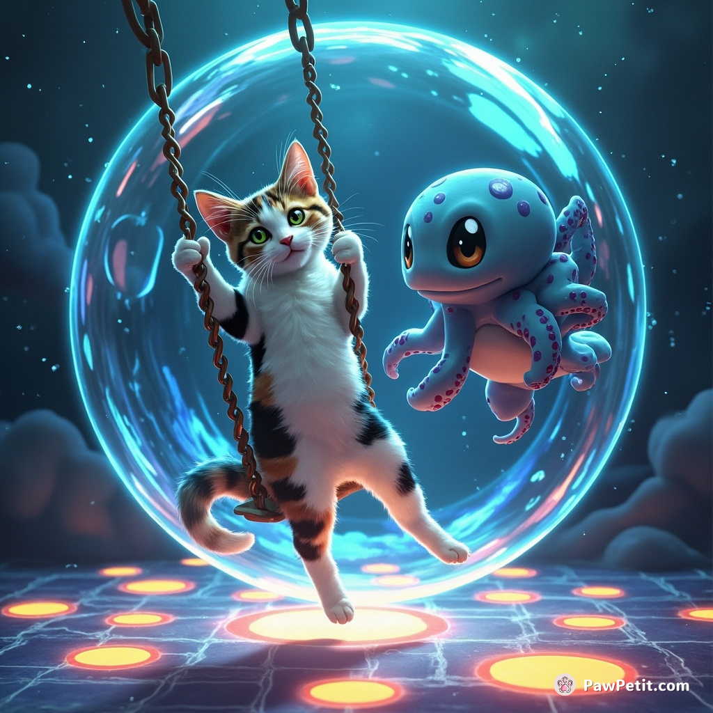 A calico cat swing dancing with an octopus on a glowing disco floor within a squirtle's giant water bubble.