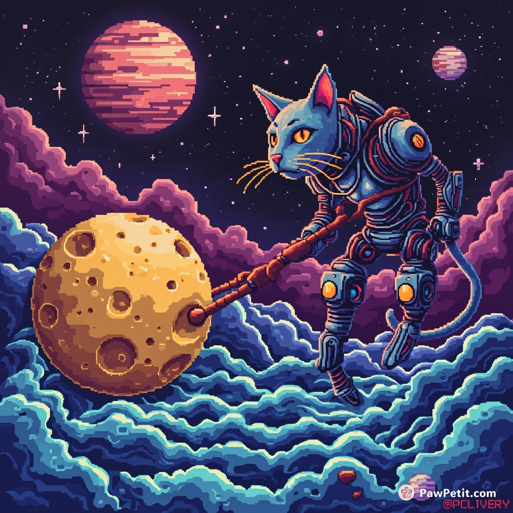 Cybernetic cat pulling oversized cheese moon on the seas of Neptune