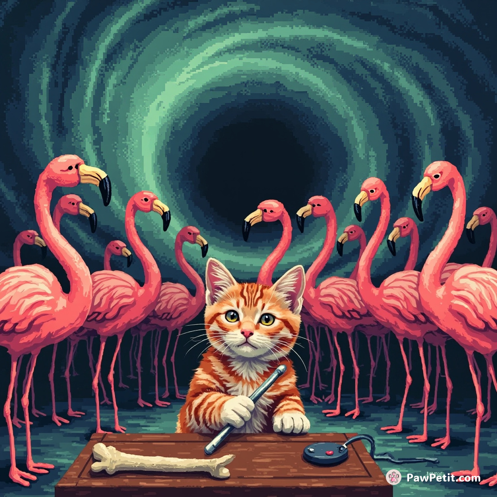 A cat conducting an orchestra of flamingos with a fish bone, in the eye of a hurricane.