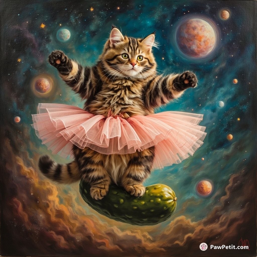 Chubby cat in a ballet tutu, gracefully pirouetting on a floating pickle in psychedelic outer space.