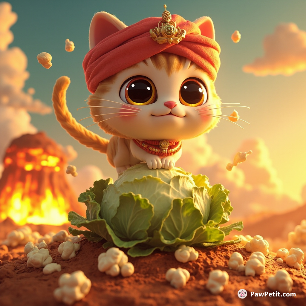 A regal, turban-wearing cat miraculously levitating above a cabbage patch in the middle of an erupting popcorn volcano.