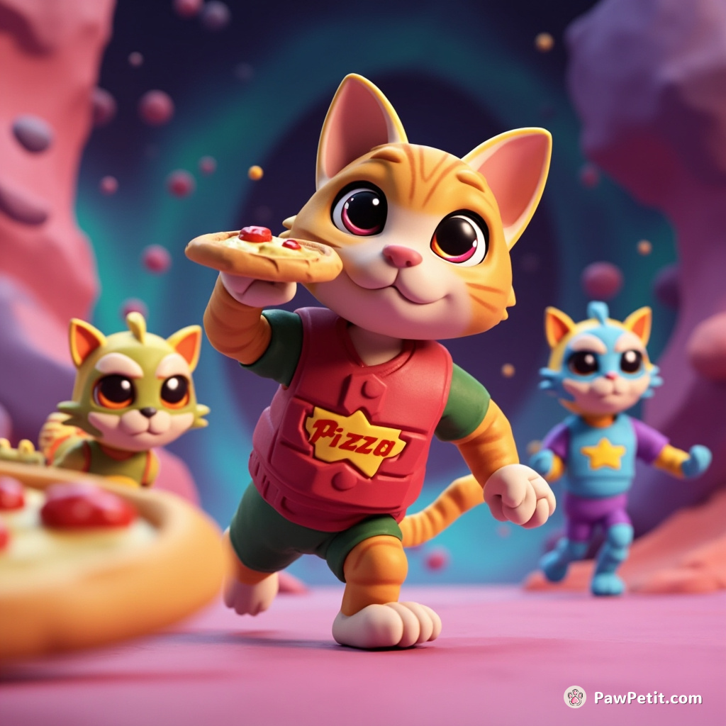 Cat competing with aliens in an intergalactic pizza toss championship in zero gravity.