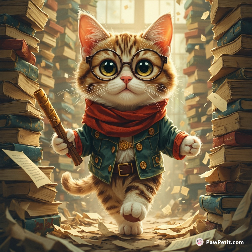 Amid piles of manuscripts, the tres chic cat confidently strides through deciphering to-dos with gusto and kneading office stress knots.