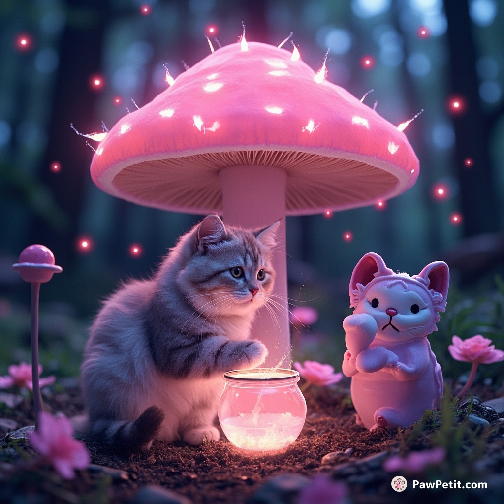 A cat cooking a magical elixir under a pastel mushroom in a fairy-tale forest kingdom.